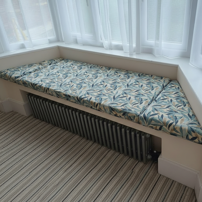 Bespoke 3-piece angled bay window cushion set featuring contrast piped edges