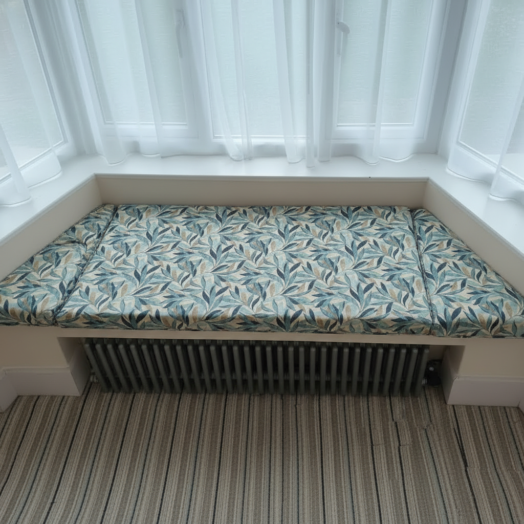 Bespoke 3-piece angled bay window cushion set featuring contrast piped edges