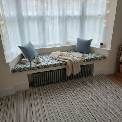 Bespoke 3-piece angled bay window cushion set featuring contrast piped edges