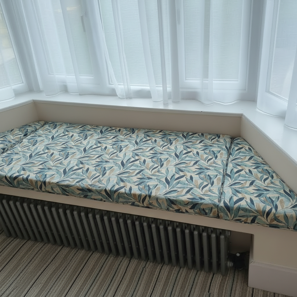 Bespoke 3-piece angled bay window cushion set featuring contrast piped edges