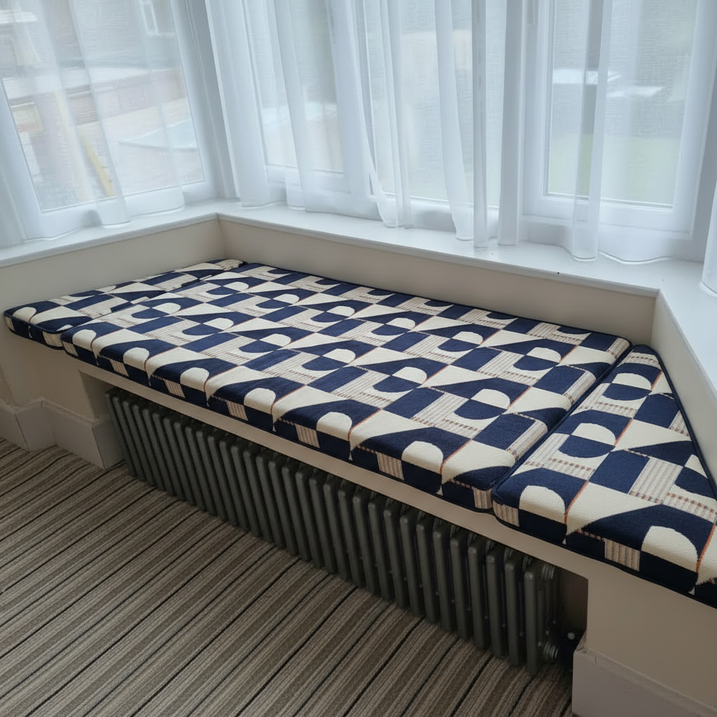 Bespoke 3-piece angled bay window cushion set installed on an indoor seating area