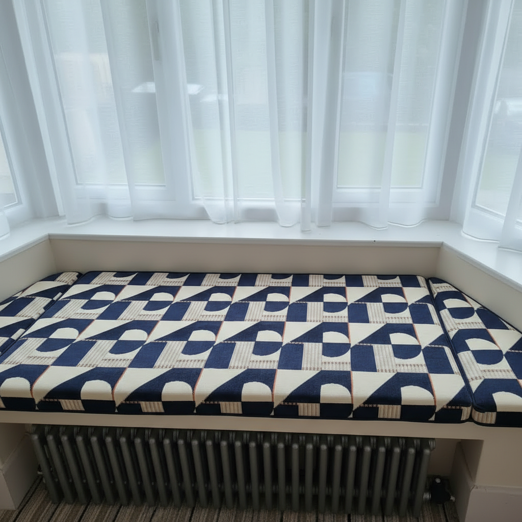 Bespoke 3-piece angled bay window cushion set installed on an indoor seating area