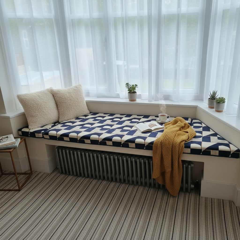 Bespoke 3-piece angled bay window cushion set installed on an indoor seating area