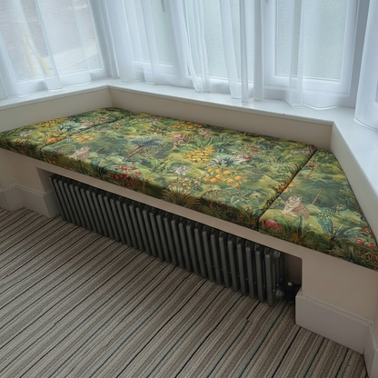 Bespoke 3-piece bay window seat cushion set with custom fit for angled walls