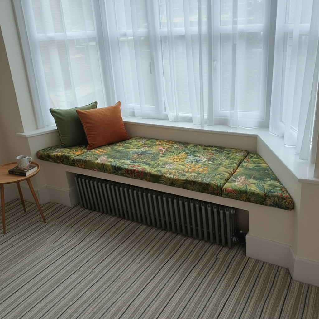 Bespoke 3-piece bay window seat cushion set with custom fit for angled walls
