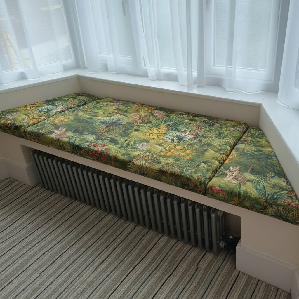 Bespoke 3-piece bay window seat cushion set with custom fit for angled walls
