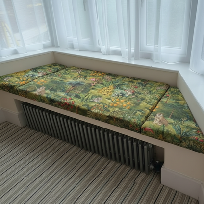Bespoke 3-piece bay window seat cushion set with custom fit for angled walls
