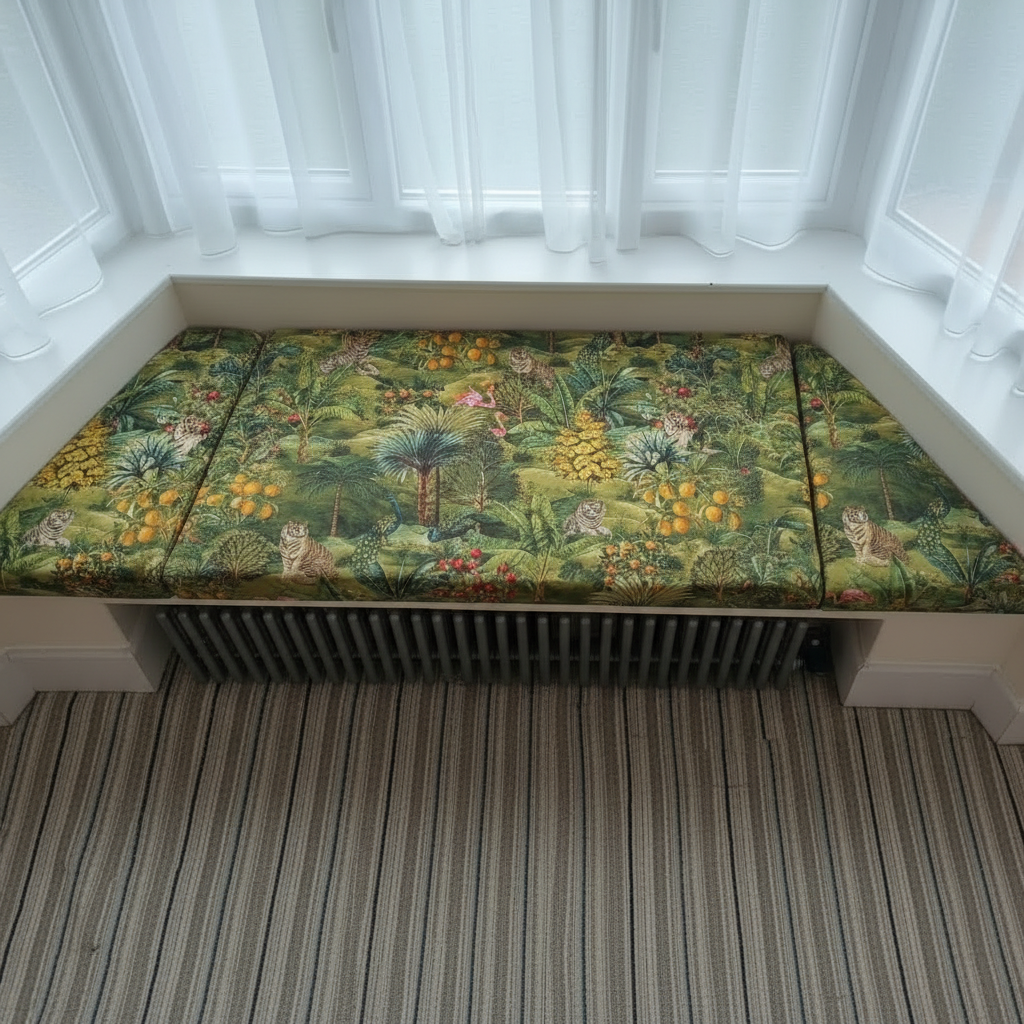 Bespoke 3-piece bay window seat cushion set with custom fit for angled walls