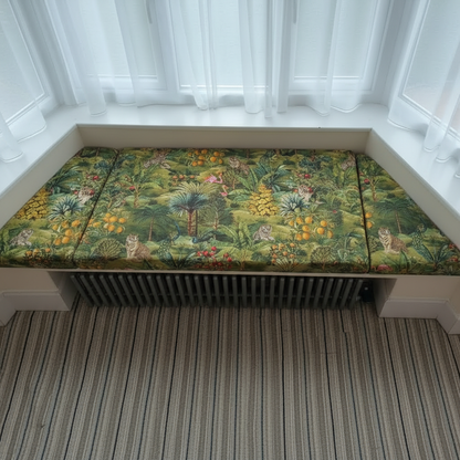 Bespoke 3-piece bay window seat cushion set with custom fit for angled walls