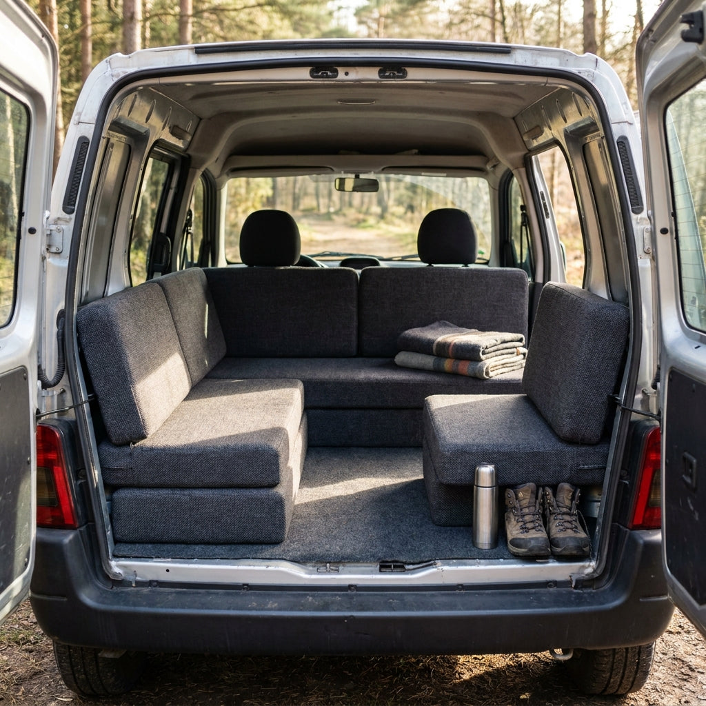 Bespoke Citroën Berlingo camper cushions designed for van conversion sleeping platform with UK handmade foam construction