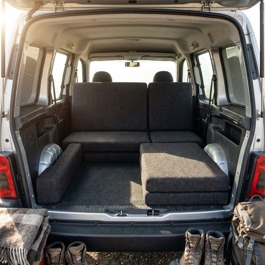 Bespoke Citroen Berlingo campervan mattress cushions designed for sleeping and seating comfort using high-density HR50 foam construction