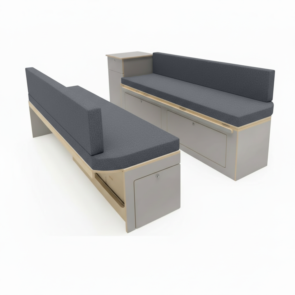 Bespoke Dark Grey rock and roll bed in campervan conversion
