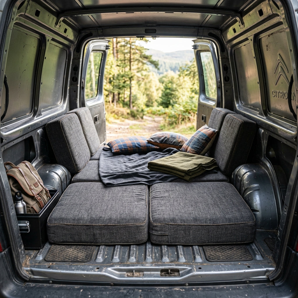 Bespoke HR50 high-density foam cushion set designed for Citroën Berlingo Solo camper van conversion seating and sleeping comfort