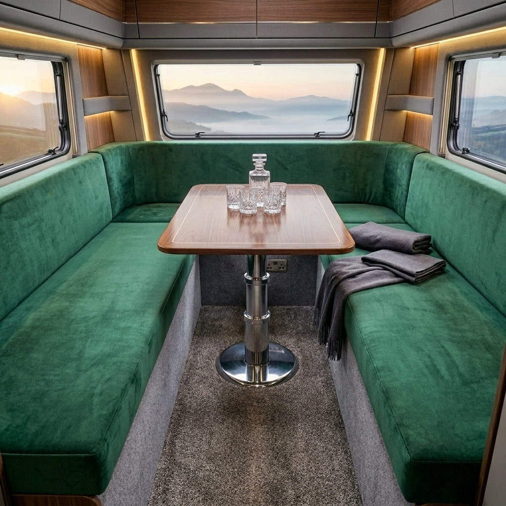 Bespoke U-shape campervan seating cushion set in a rich hue upholstery, handcrafted for UK van conversions