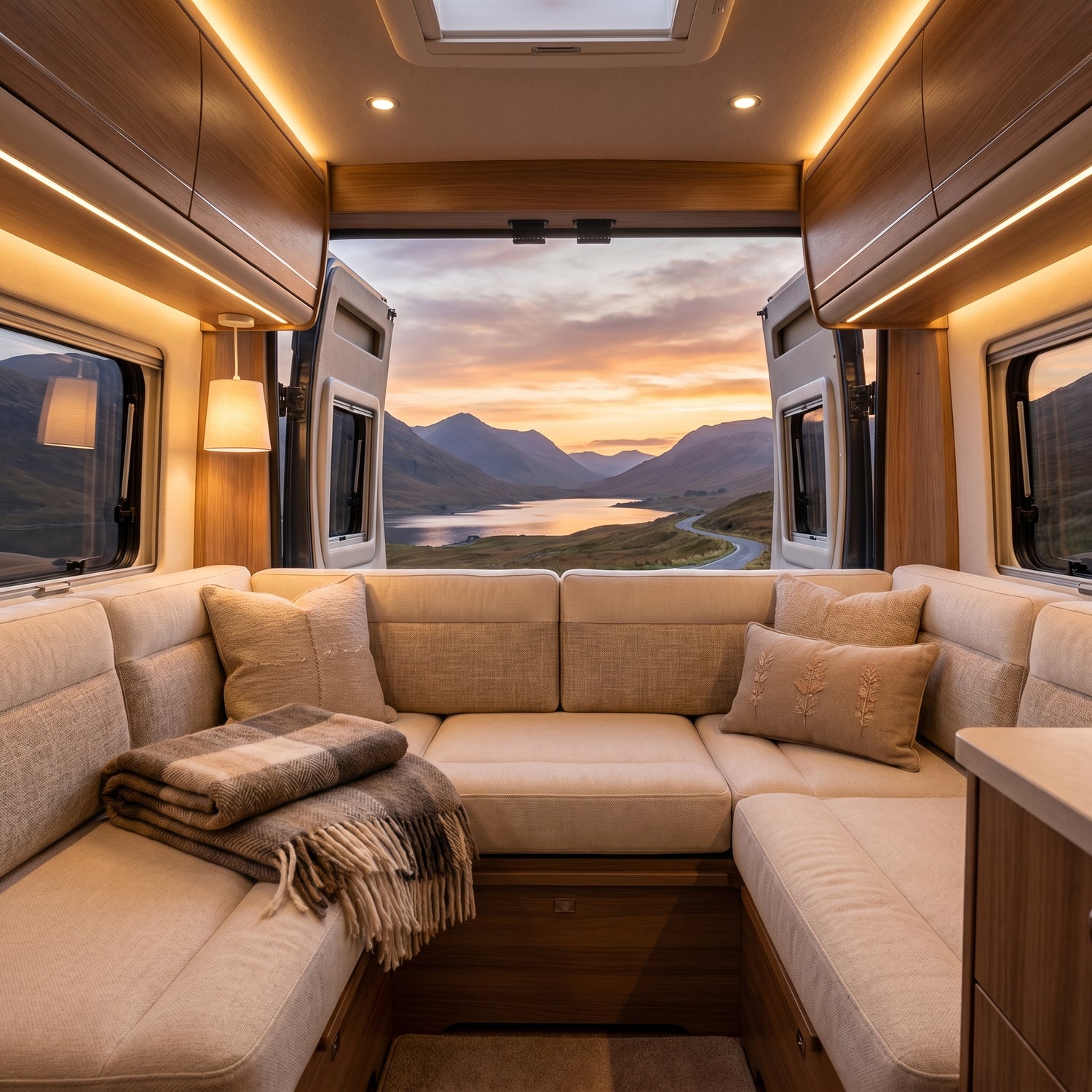 Bespoke beige linen campervan cushions on a U-shaped lounge seating area inside a luxury campervan with a Scottish Highlands background.