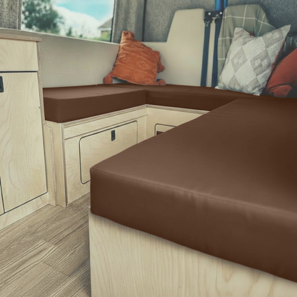 Bespoke chocolate upholstery for campervan conversion seating
