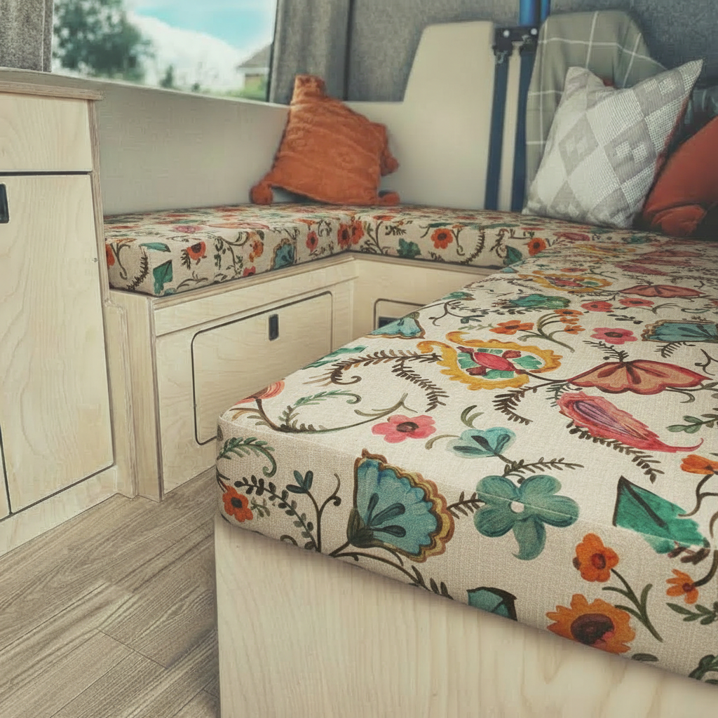Bespoke floral pattern campervan cushions and dining seating area inside a motorhome