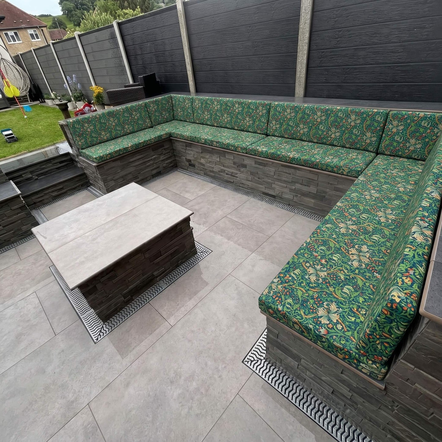 Bespoke garden seating cushions in rich hue with premium waterproof canvas fabric for outdoor patio furniture