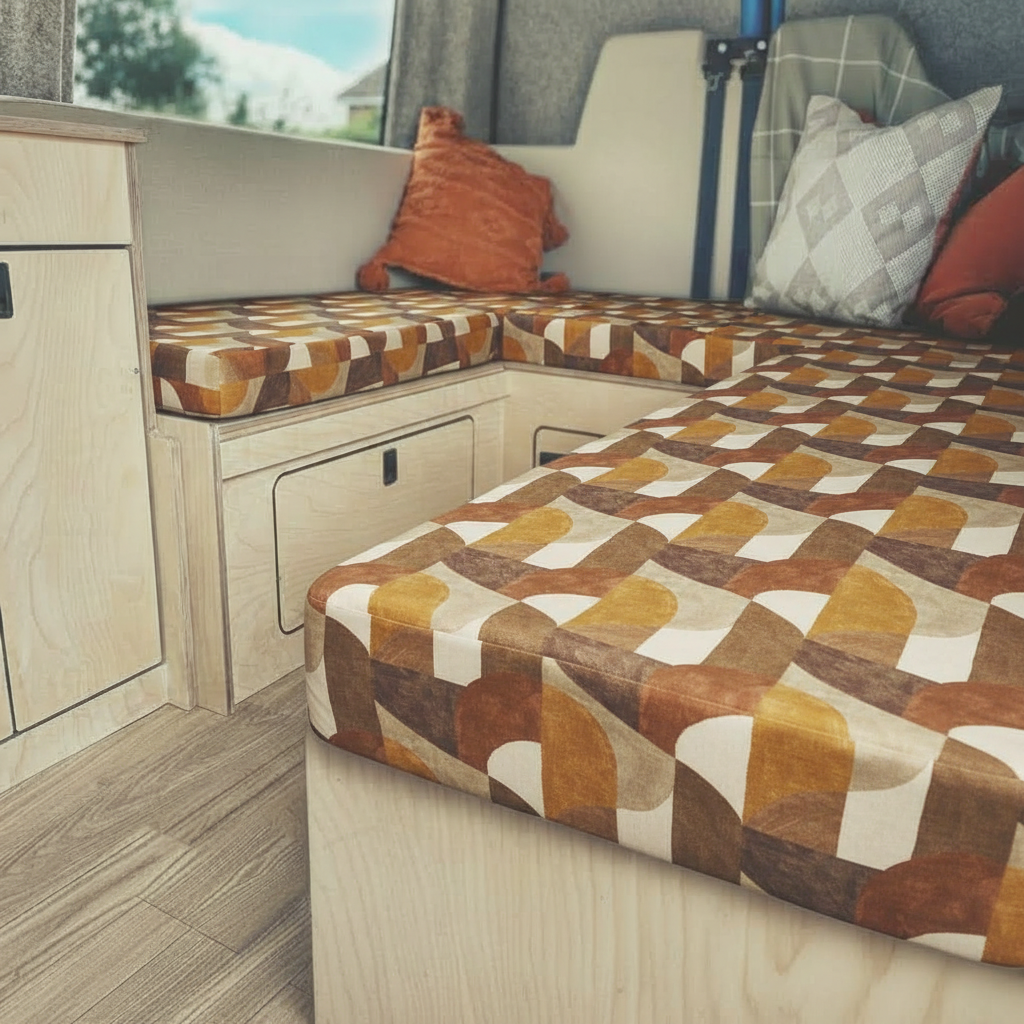 Retro geometric Campervan cushions with brown and orange pattern-Vintage style motorhome seating inside a conversion van-Geometric motorhome cushions on high density foam-Bespoke geometric van upholstery detail shot-Earth tone patterned camper seats for retro interior