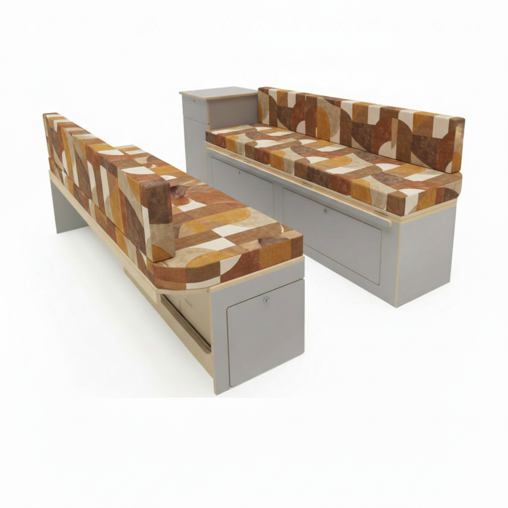 Bespoke geometric van upholstery detail shot-Earth tone patterned camper seats for retro interior
