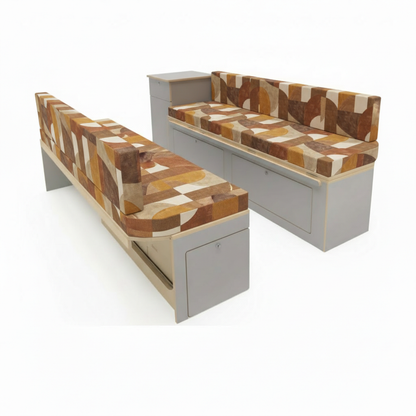 Bespoke geometric van upholstery detail shot-Earth tone patterned camper seats for retro interior