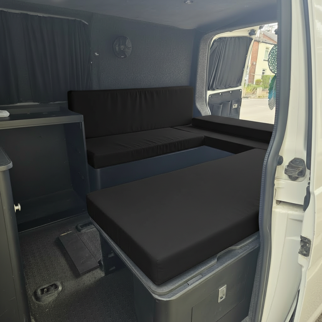 Bespoke made to measure black fabric for campervan seating
