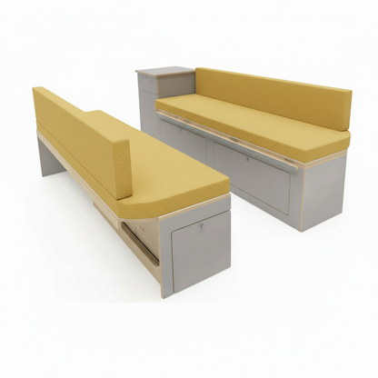 Bespoke mustard gold campervan seating with durable fabric finish
