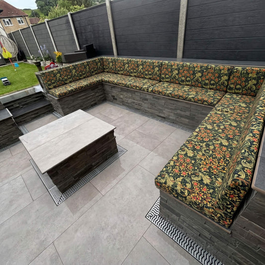 Bespoke outdoor seating cushions with vibrant palette design for garden furniture waterproof finish and premium comfort