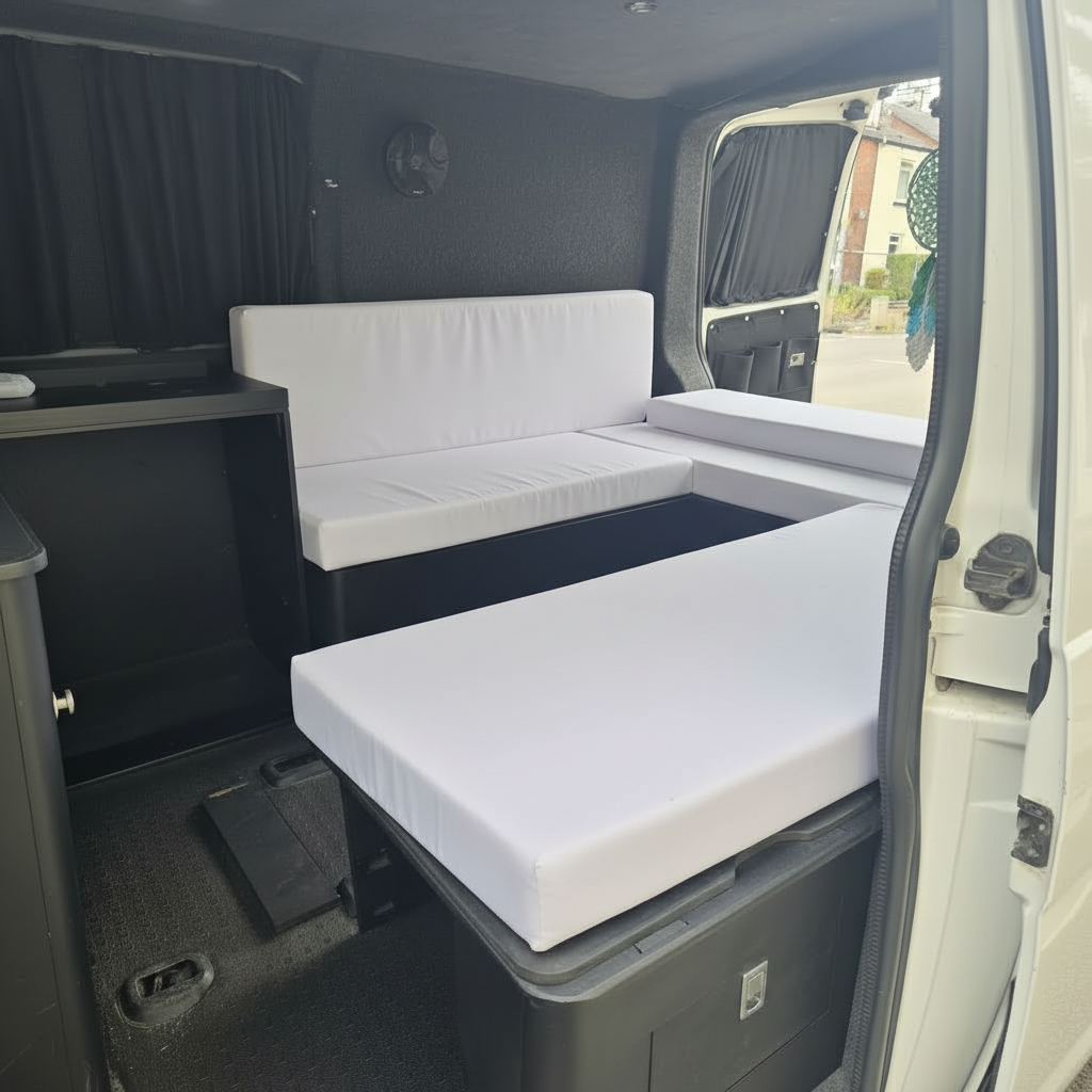 Bespoke white motorhome interior fabric made to measure
