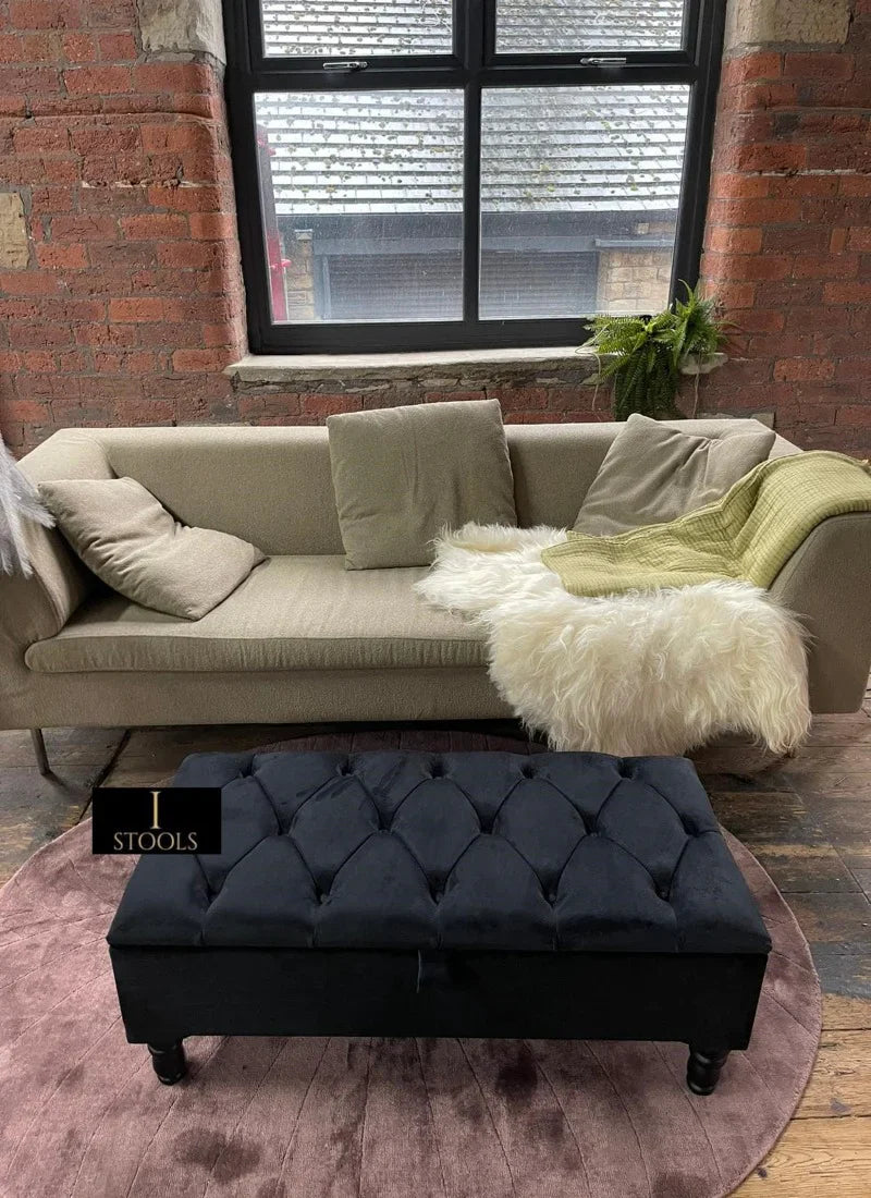 Black Ottoman Coffee Table Storage Bench | Black Bedroom Ottoman & Pouffe