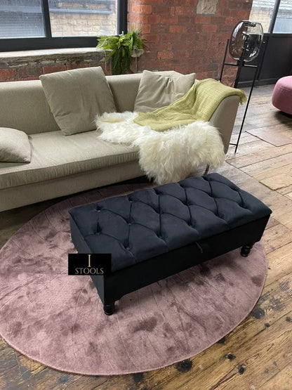 Black Ottoman Coffee Table Storage Bench | Black Bedroom Ottoman & Pouffe
