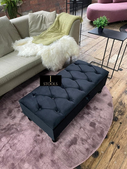 Black Ottoman Coffee Table Storage Bench | Black Bedroom Ottoman & Pouffe