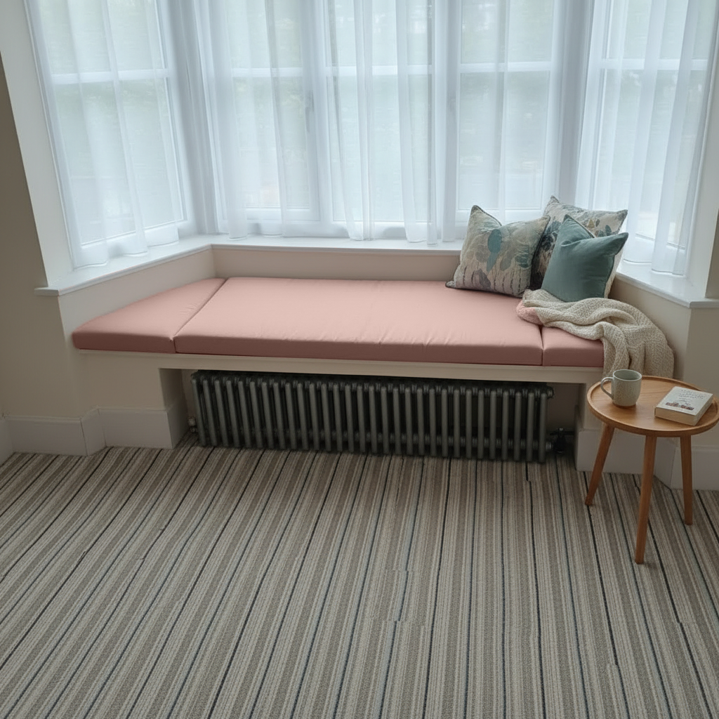 Box edge detailing and piping on pink bespoke bay window cushions