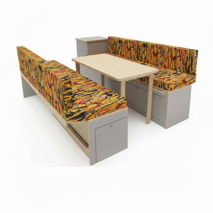Vibrant tropical botanical Campervan cushions in yellow-Exotic yellow motorhome upholstery on dinette bench-Bright floral caravan seating with vertical pattern-High density foam cushions with tropical print-Summer style camper interior conversion
