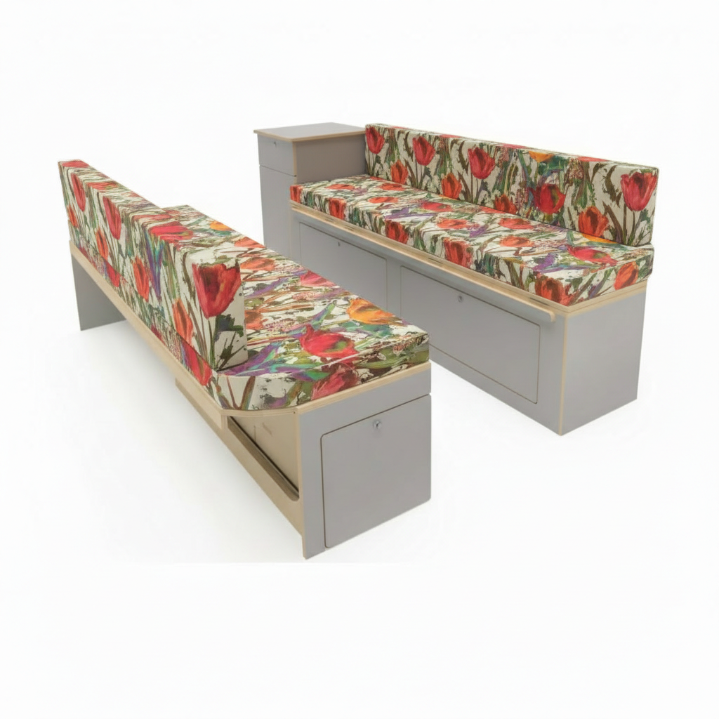Vibrant floral Campervan seat covers in a conversion van-Custom foam pads with red tulip pattern for motorhomes-DIY van conversion cushions fitted on wooden bench-Close up of patterned Leisure vehicle upholstery fabric-Bright floral interior design for campervan renovation
