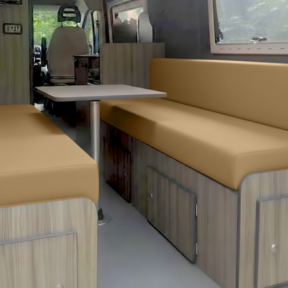 Brown bespoke campervan upholstery on rock and roll bed