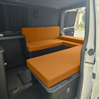 Burnt orange caravan dinette seating with high density foam
