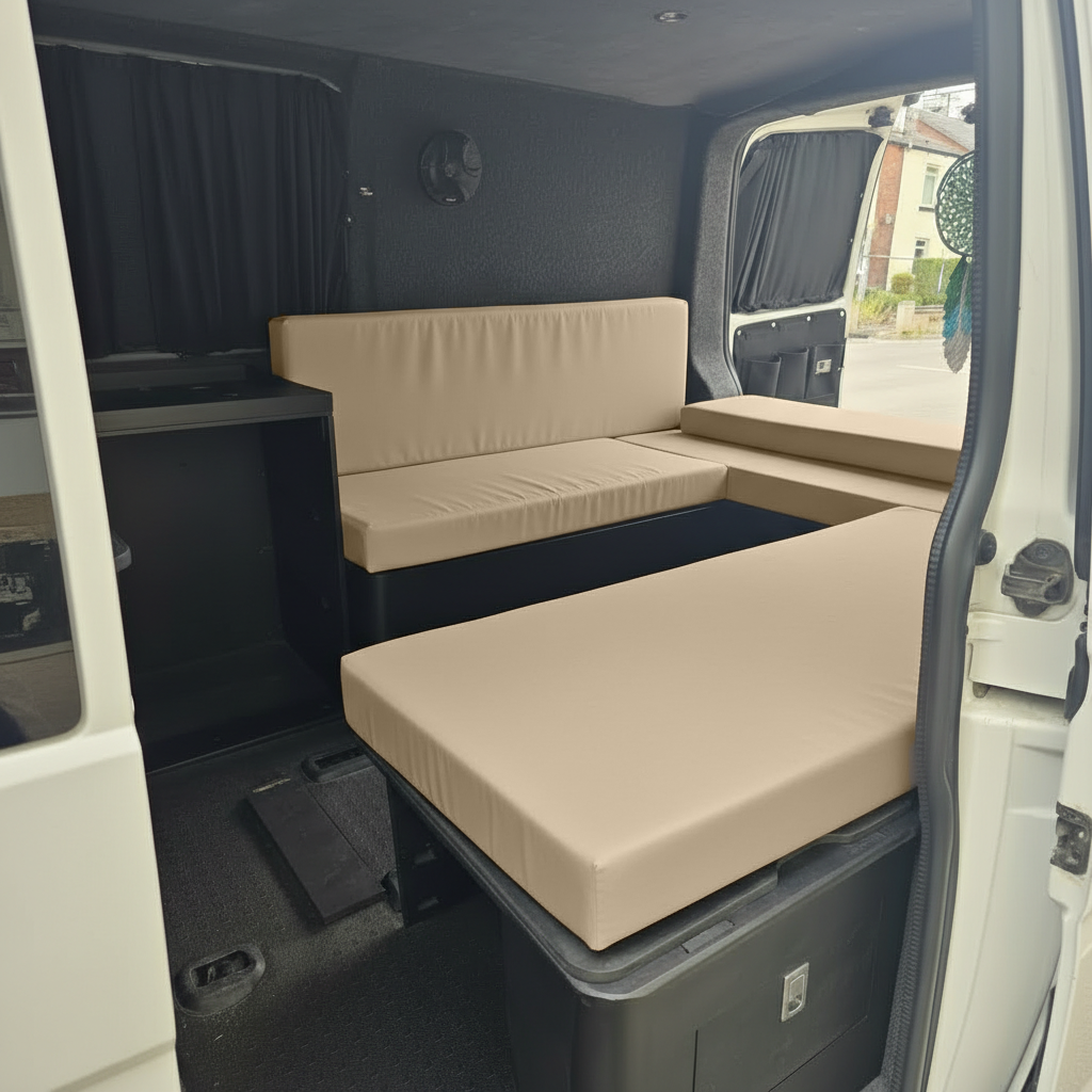 Champagne Campervan cushions with high density foam
