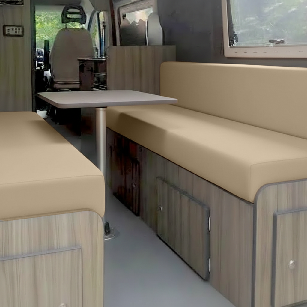 Champagne Campervan upholstery fabric on bespoke seating

