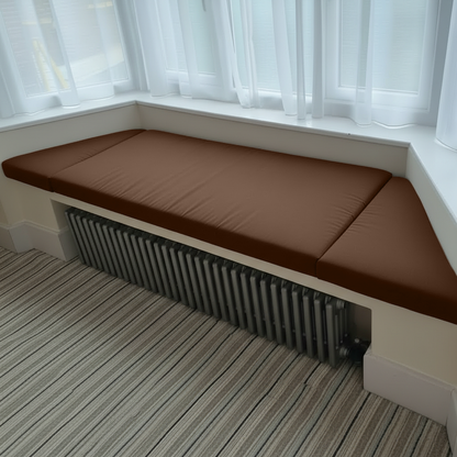 Chocolate bay window cushions fitted to angled three piece window seat