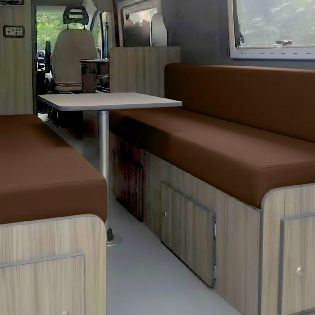 Chocolate campervan upholstery fabric fitted to Rock and roll bed
