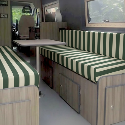 Classic bottle green cabana stripe Campervan cushions interior-Traditional Beach Hut Style Upholstery on dining benches-Vintage deckchair stripe motorhome seating in green and cream-High density foam cushions with wide block stripe-Nautical seaside camper conversion design ideas
