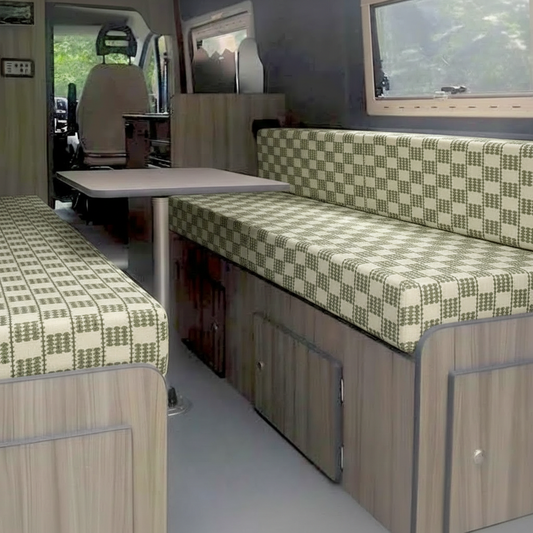 Classic sage green check Campervan cushions in cottage style interior-Traditional Farmhouse Style Upholstery on bench seating-Woven gingham plaid fabric detail for motorhomes-High density foam cushions with green and cream check-Cosy country style camper conversion seating