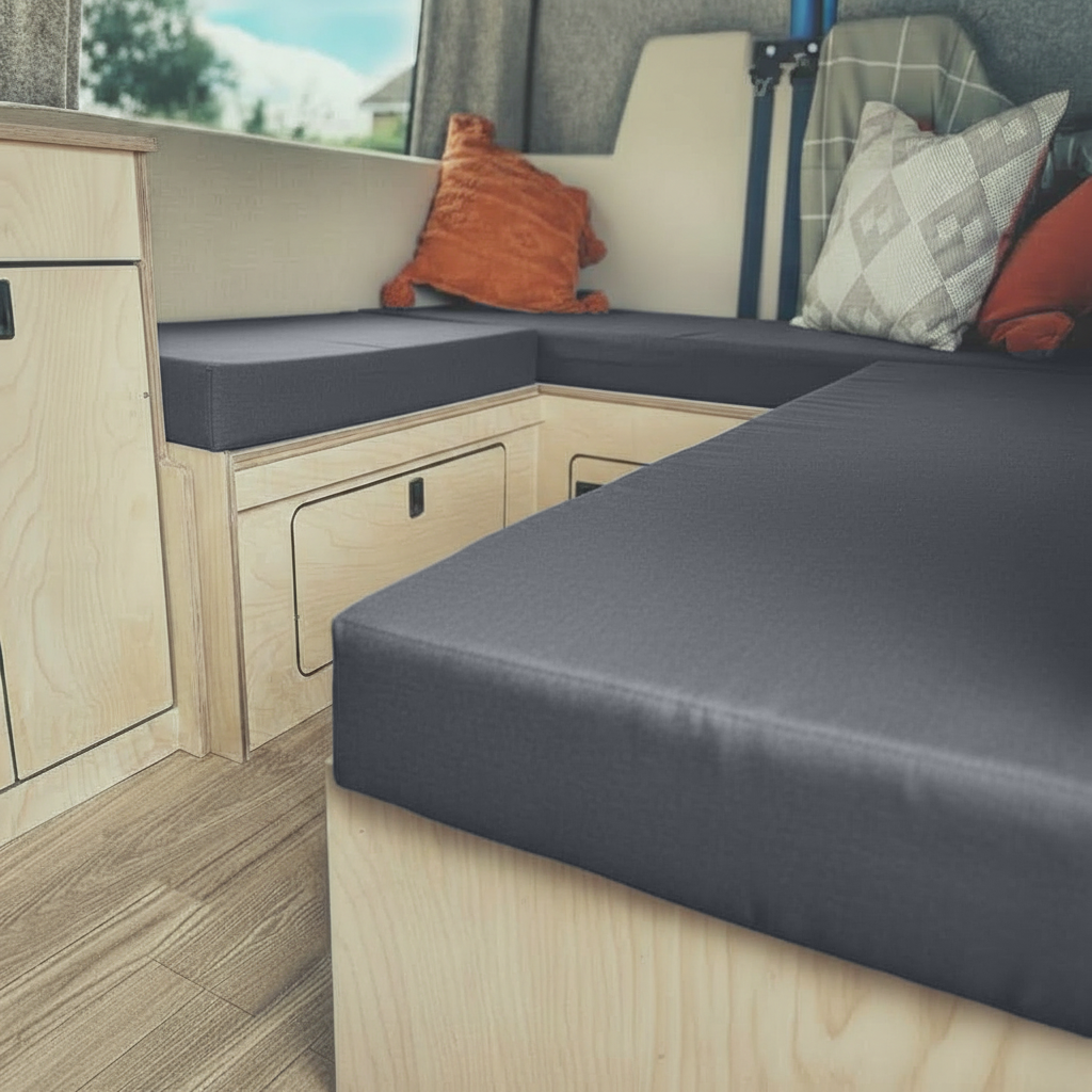 Close-up of high density foam under Dark Grey campervan fabric
