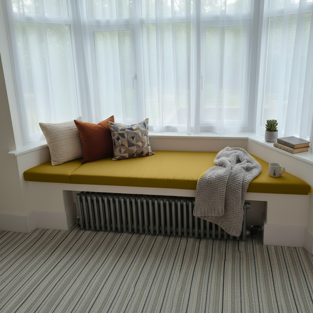 Close-up of window seat mattress with high-density foam and box edge