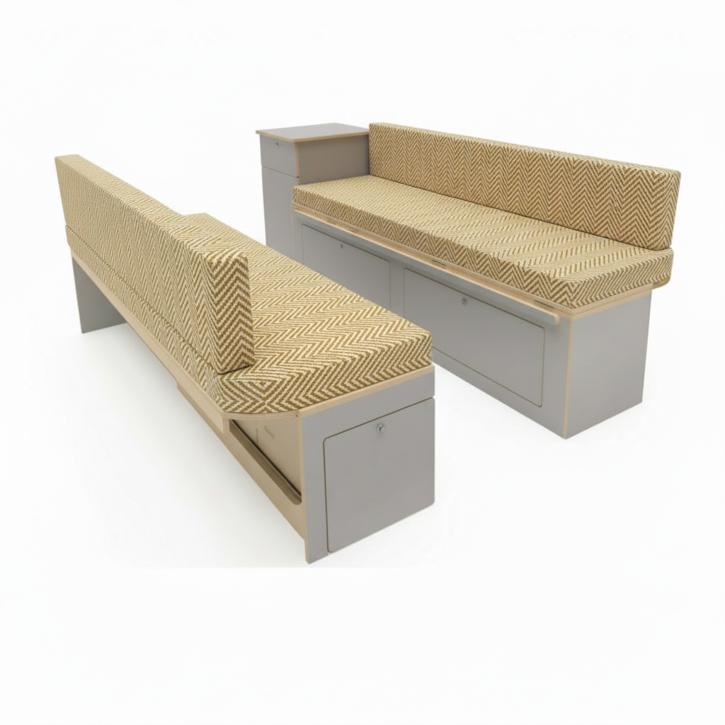 Modern herringbone Campervan cushions in mustard gold-Textured Zig-Zag motorhome seating interior view-Woven fabric detail of Scandi style van upholstery-High density foam with geometric chevron pattern-Contemporary camper conversion with gold zig zag seats