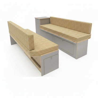 Modern herringbone Campervan cushions in mustard gold-Textured Zig-Zag motorhome seating interior view-Woven fabric detail of Scandi style van upholstery-High density foam with geometric chevron pattern-Contemporary camper conversion with gold zig zag seats