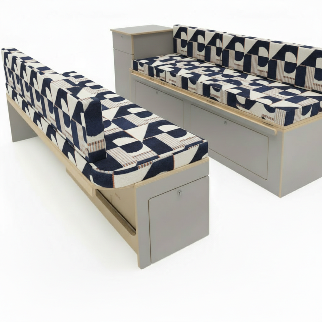 Navy blue Bauhaus geometric Campervan cushions interior-Modern Abstract Upholstery on dining bench seats-Nautical style van seating with blue and cream pattern-High density foam cushions with architectural print-Contemporary coastal camper conversion design
