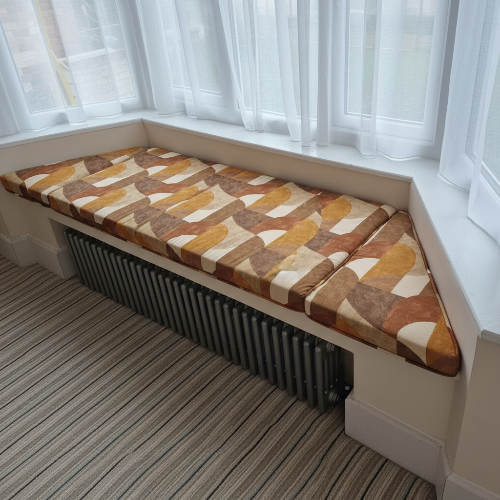 Contemporary woven fabric texture on custom window seating upholstery
