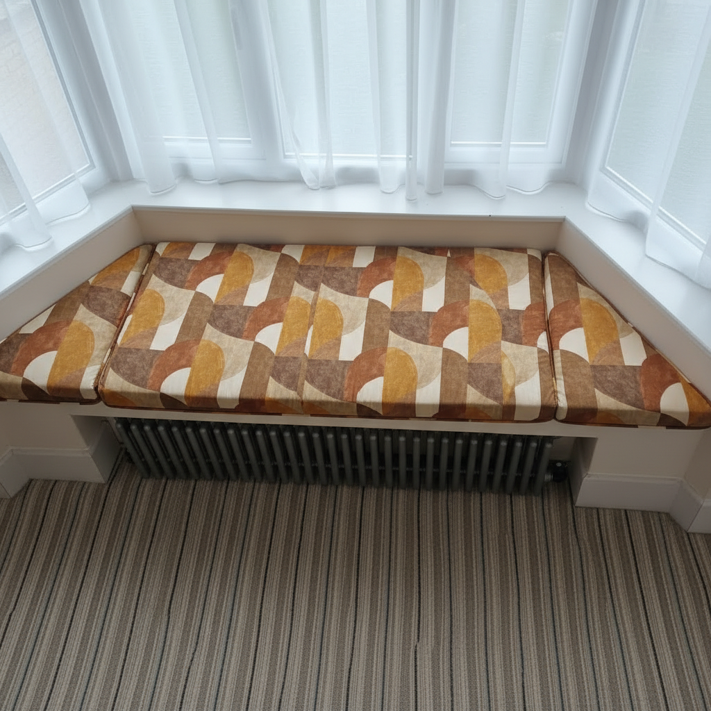 Contemporary woven fabric texture on custom window seating upholstery